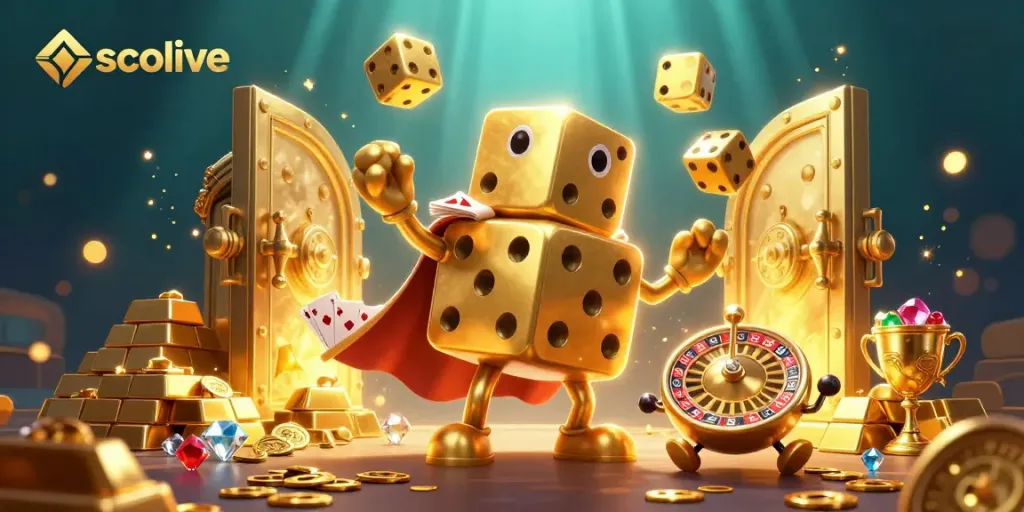 Experience thrilling gameplay with socolive, featuring dynamic 3D casino elements like dice and treasures.