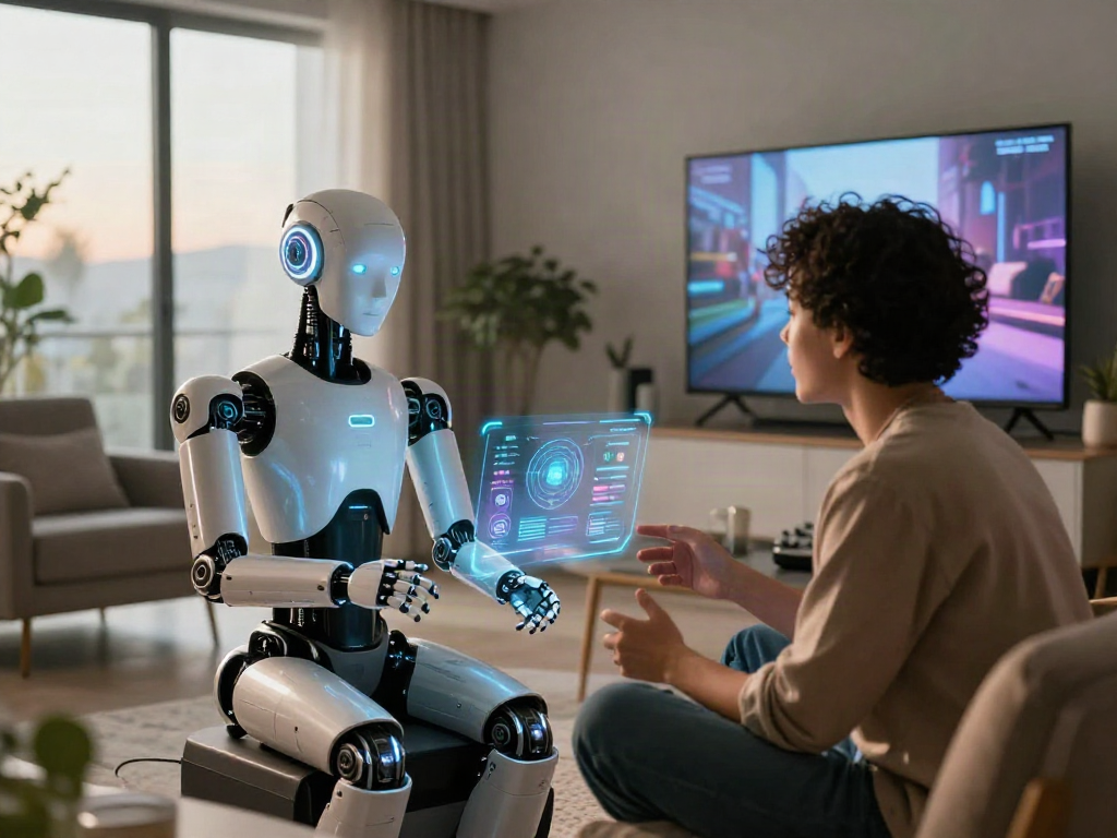 AI sex bot interacting with user in a modern digital environment showcasing futuristic technology and companionship.