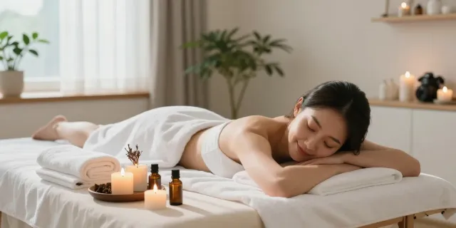 Young woman enjoying a 강북출장안마 massage session in a calming home setting.