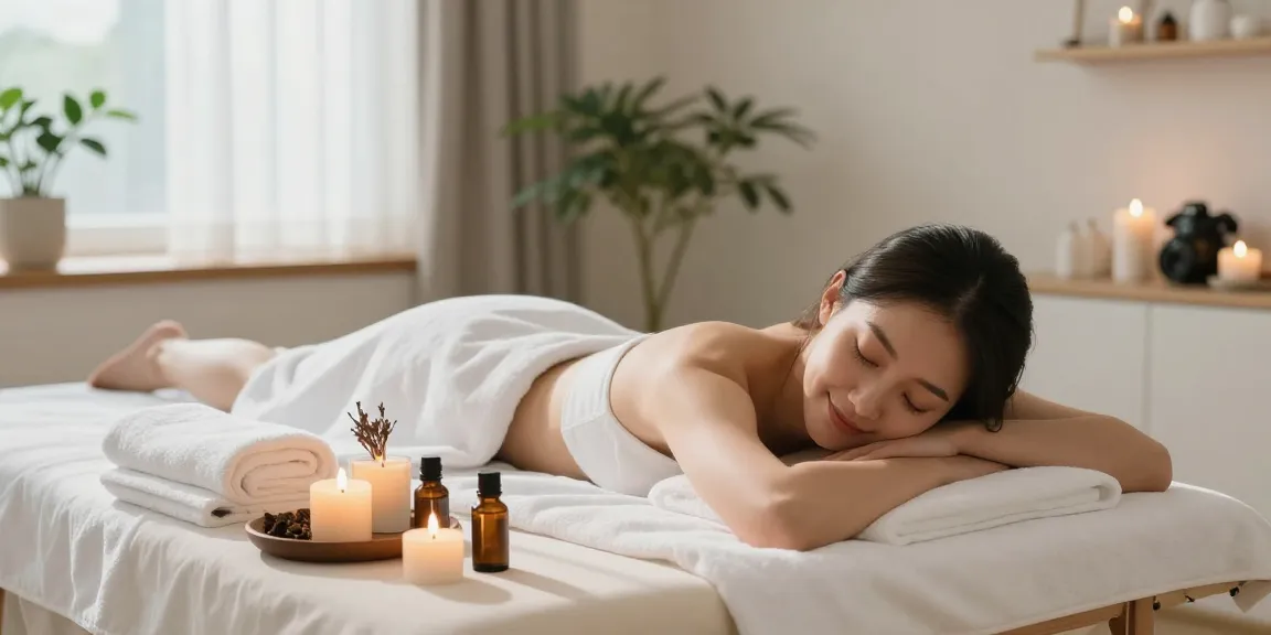 Young woman enjoying a 강북출장안마 massage session in a calming home setting.