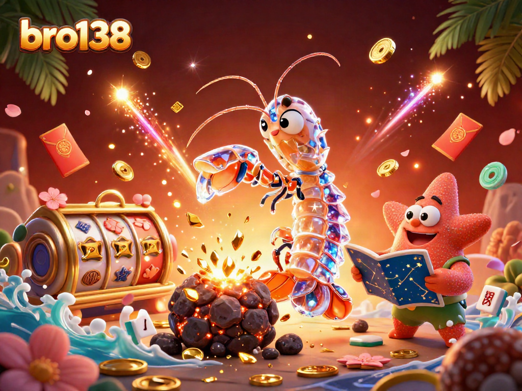 Experience robust gameplay with bro138's dynamic 3D illustration featuring a galactic mantis shrimp and treasures exploding in the gaming universe.
