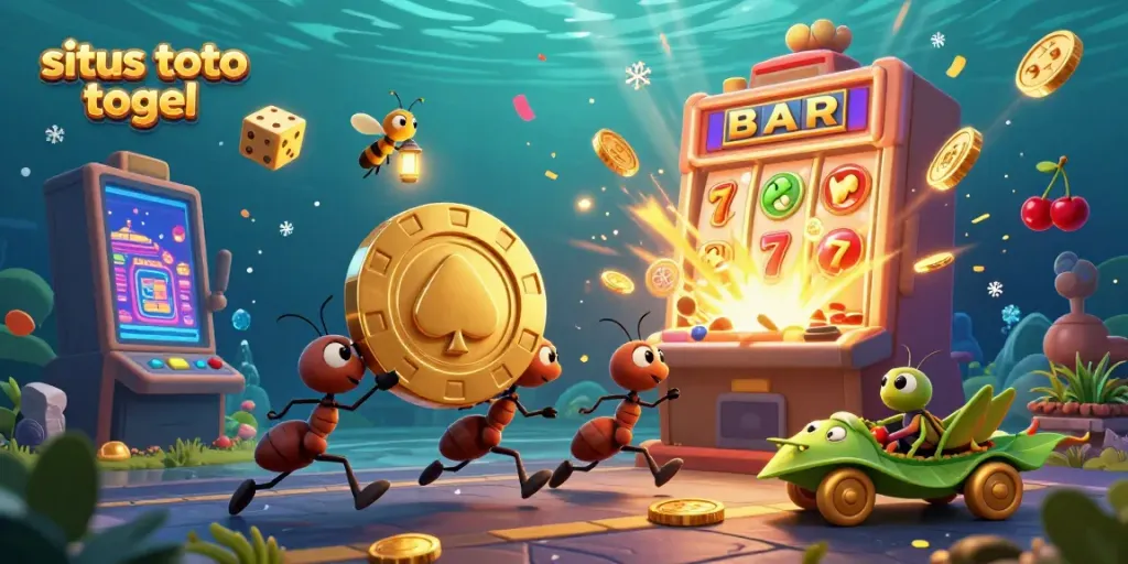 Engaging scene of a situs toto togel heist with cartoon ants and a grasshopper, showcasing vibrant casino elements.