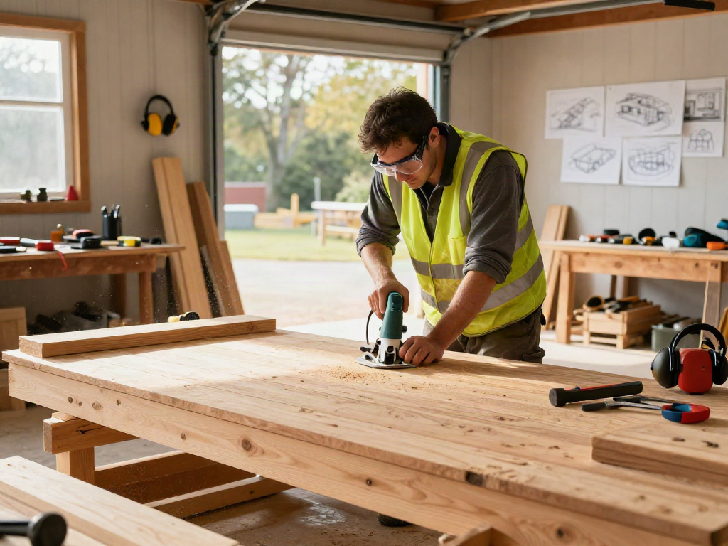 Carpentry Services Sydney featuring a carpenter skillfully working on a custom wooden deck in a bright workshop.