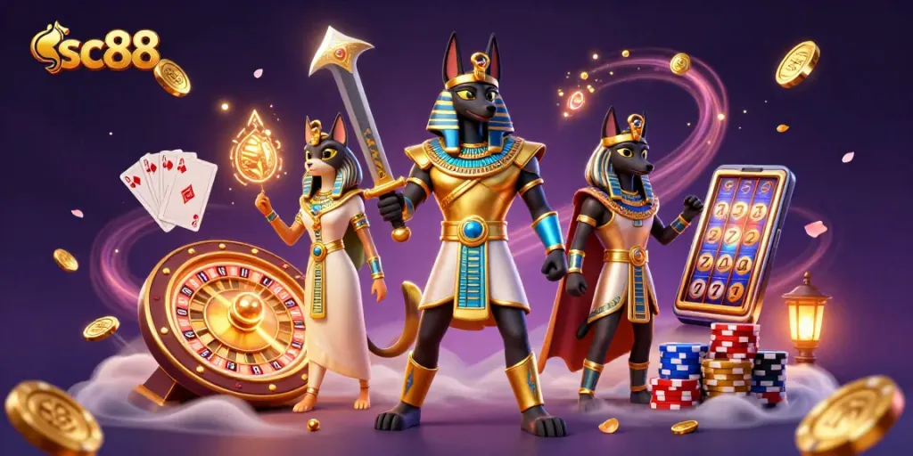 Win big with SC88 in an exciting casino scene featuring anubis and bastet.