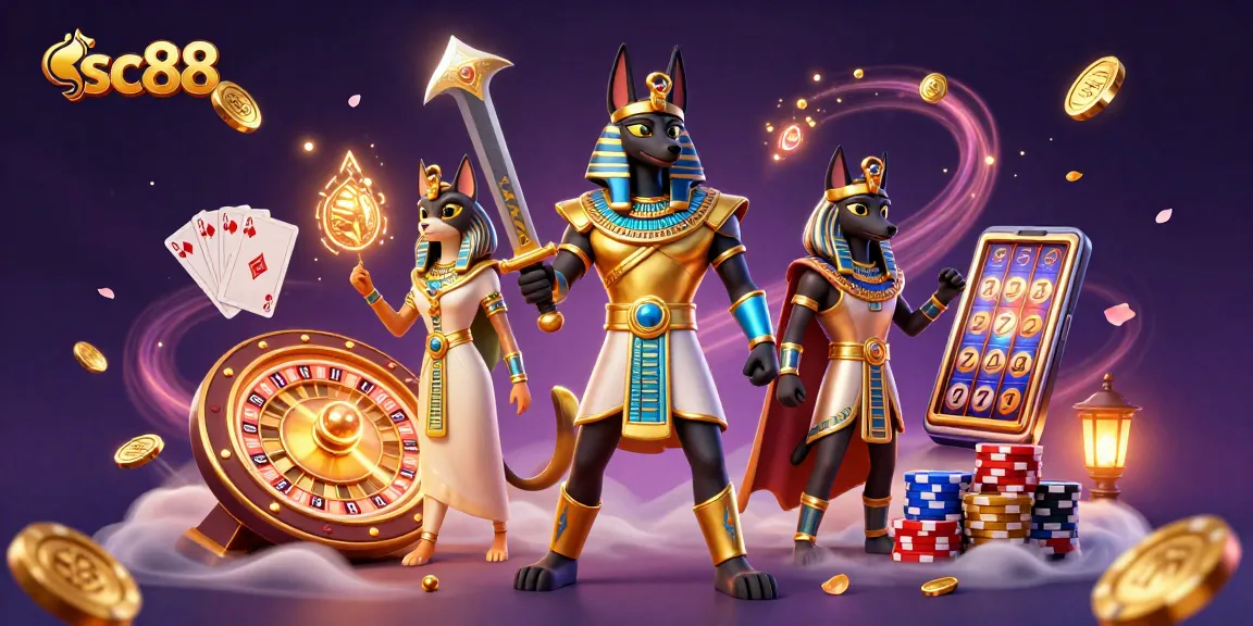 Win big with SC88 in an exciting casino scene featuring anubis and bastet.