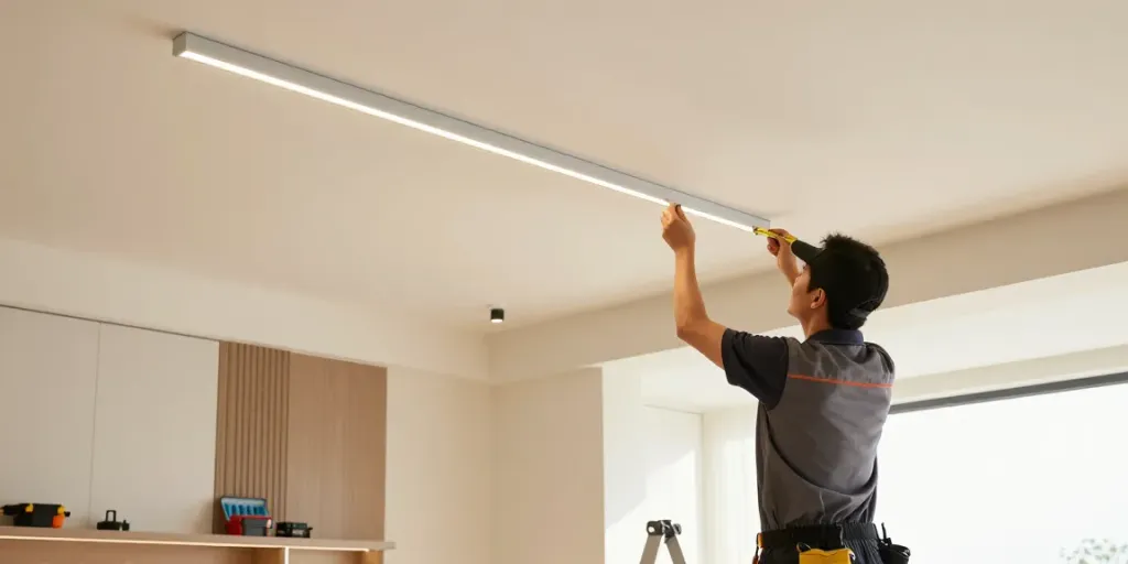 Instalare sina magnetica aplicata de către un contractor de încredere într-un interior modern, lumină caldă, servicii locale.