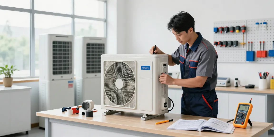 Central type AC unit being expertly repaired in a bright workshop.