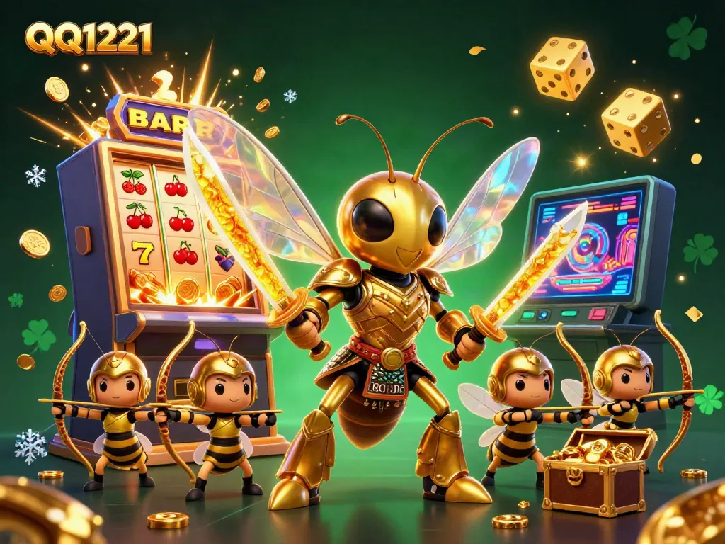 Engage with QQ1221's dynamic casino scene showcasing a slot machine bursting with winnings and vibrant characters.