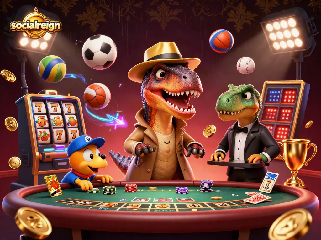 Engaging scene with socialreign elements as cartoon dinosaurs strategize a blackjack table