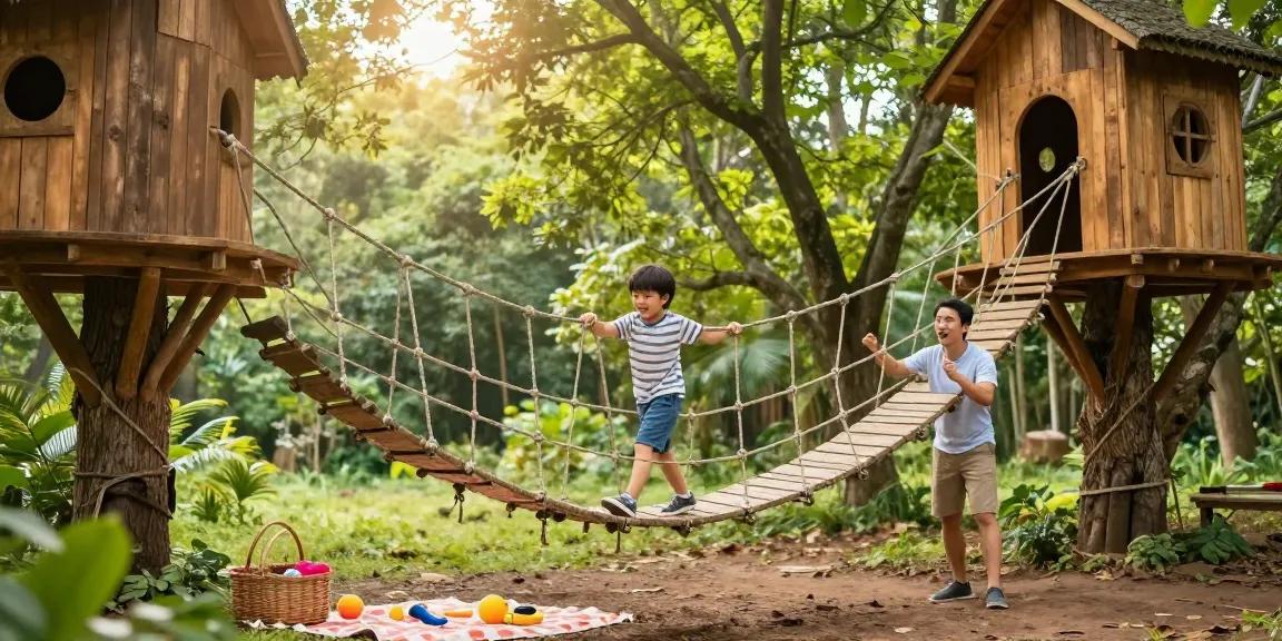 A child confidently crossing a rope bridge between treehouses, embodying adventure and joy in a lush forest setting.