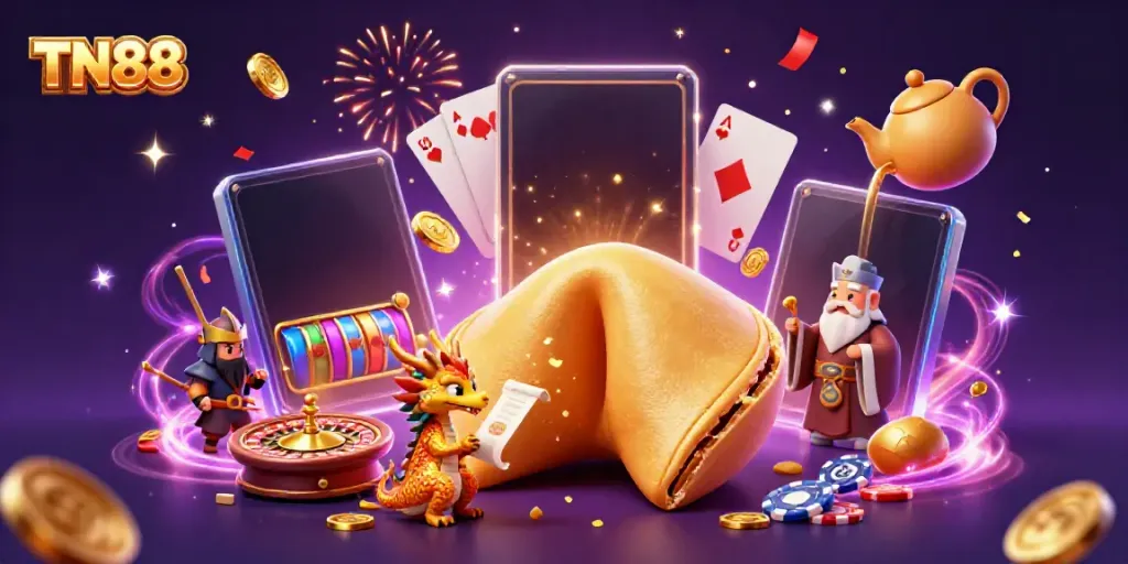 Experience dynamic gameplay at TN88 with a spectacular golden fortune cookie scene surrounded by vibrant casino elements.
