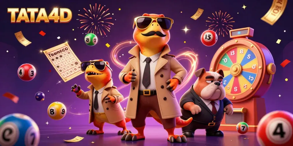 Experience TATA4D with cartoon raptors in a casino scene filled with lottery excitement.