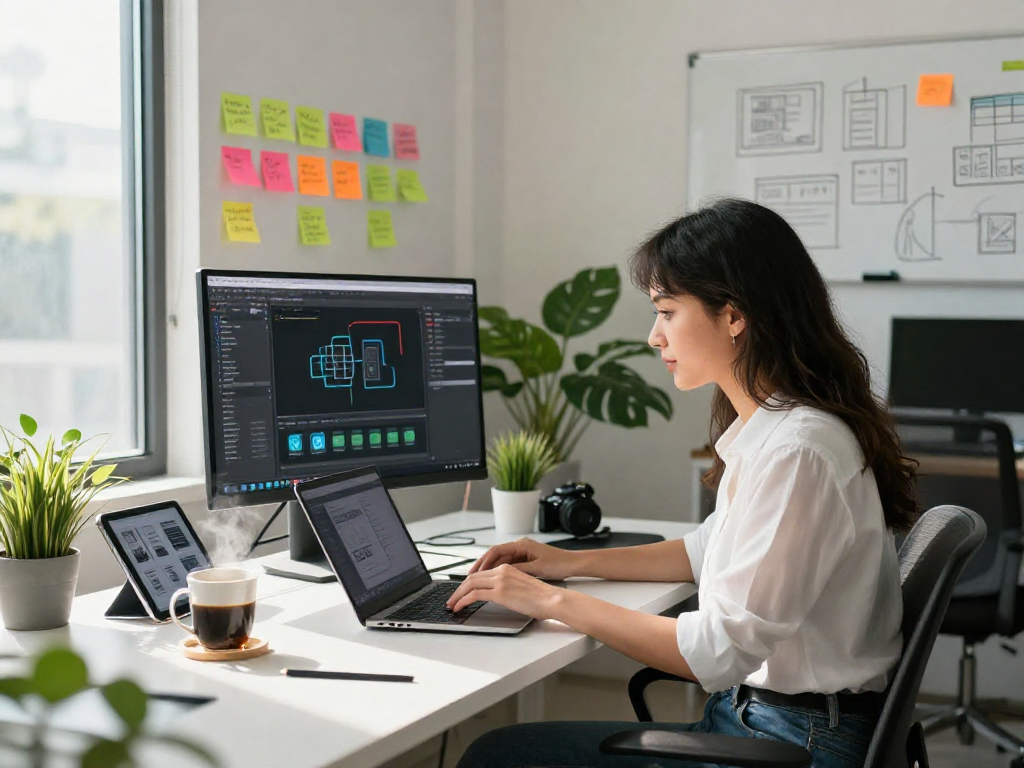 Focused developer working on a prototype, illustrating mvp development service in modern workspace.