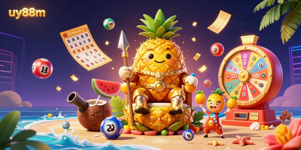 Engage in vibrant casino action with uy88m as the pineapple king rules a festive beach gaming scene.