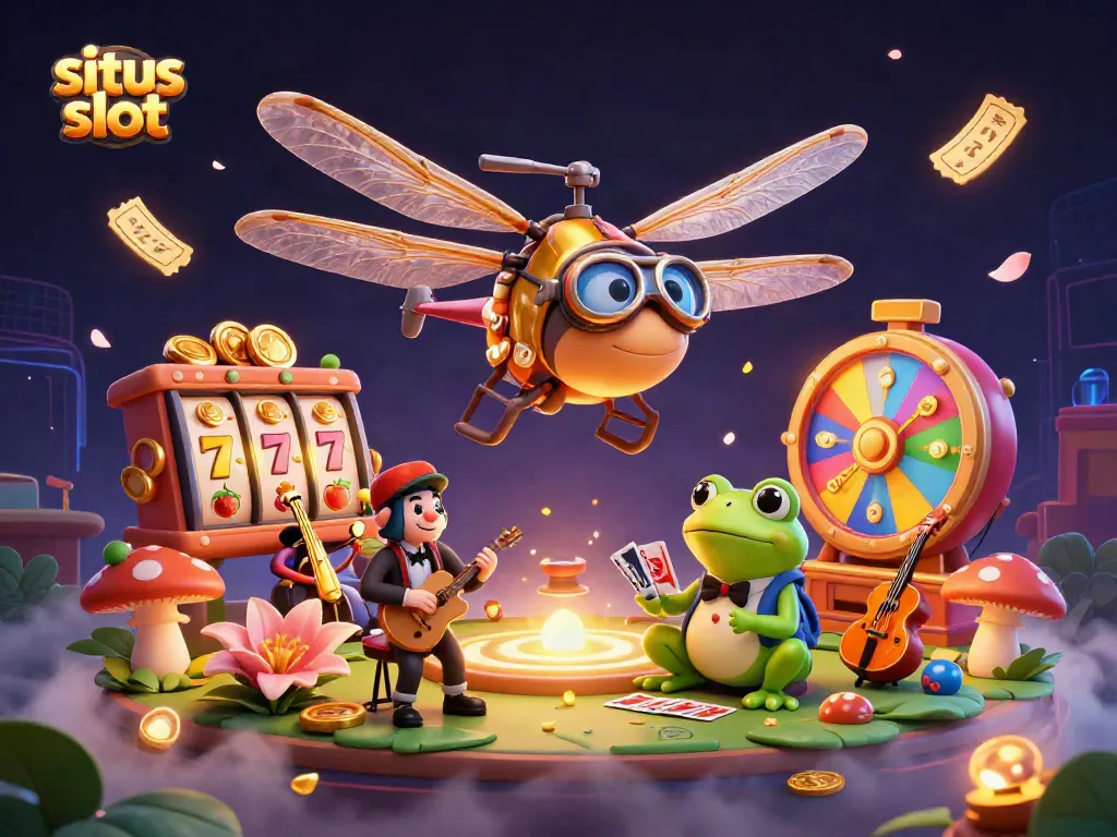 Exciting colorful depiction of situs slot with a dragonfly pilot and frog croupier in a lively casino scene.