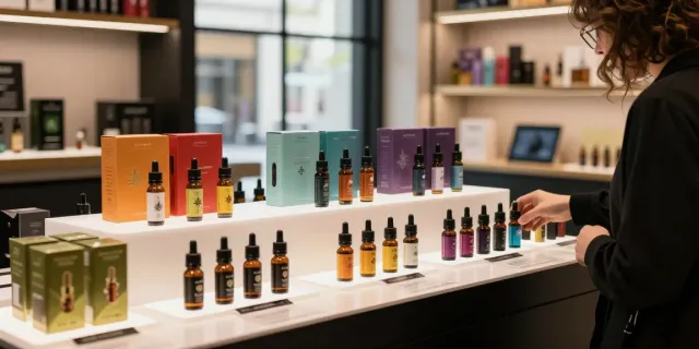 Alien Labs cart display in an upscale retail environment showcasing premium cannabis oil vapes, engaging shopping experience.