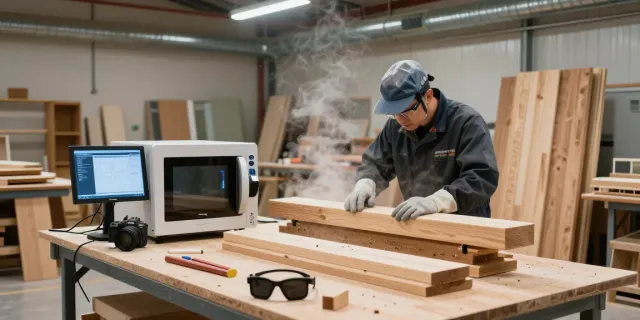 Shashel® microwave technology in action, technician treating wood for insect elimination in a modern workshop.