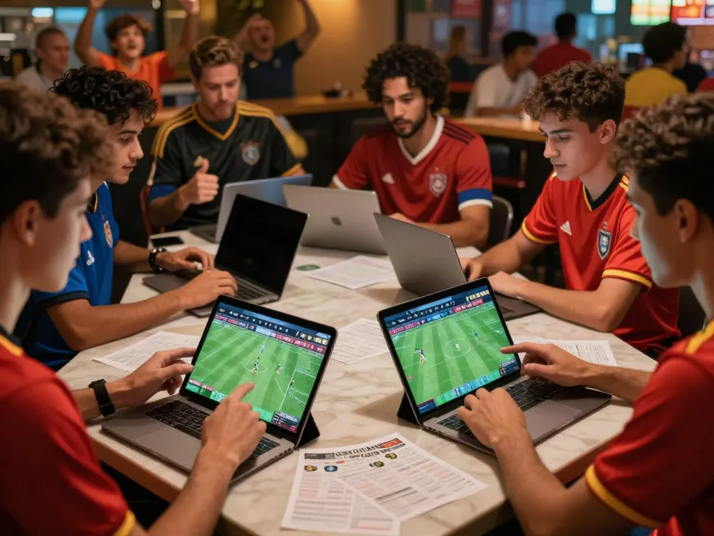 WWBOLA betting enthusiasts analyzing game stats in a vibrant sports bar.