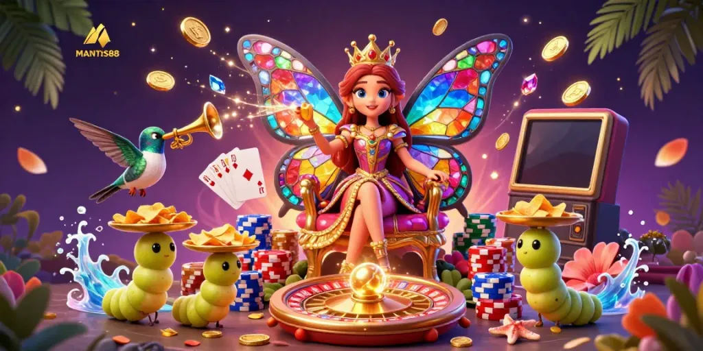 Experience the thrill of MANTIS88 with vibrant 3D casino characters amidst cascading coins and spinning roulette.