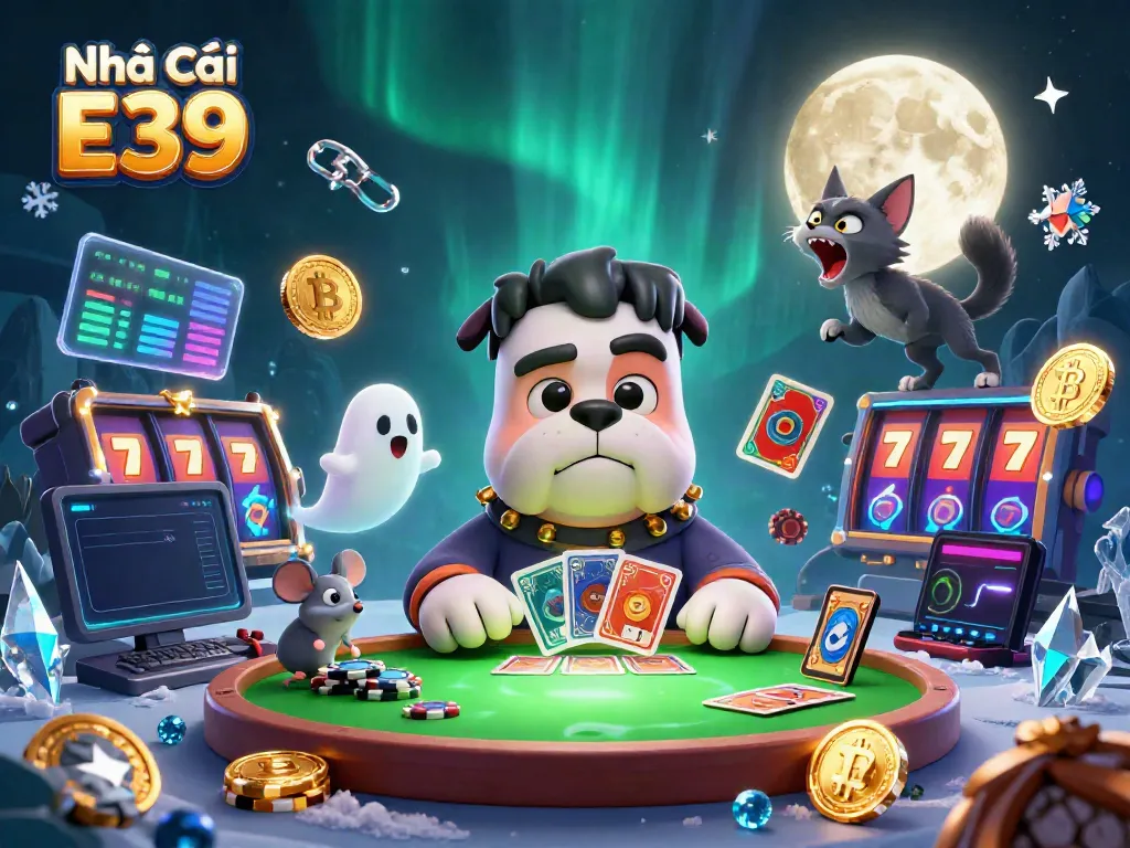 Engage at Nhà Cái E39 with a lively 3D casino scene featuring animated characters, vibrant coins, and gaming excitement.
