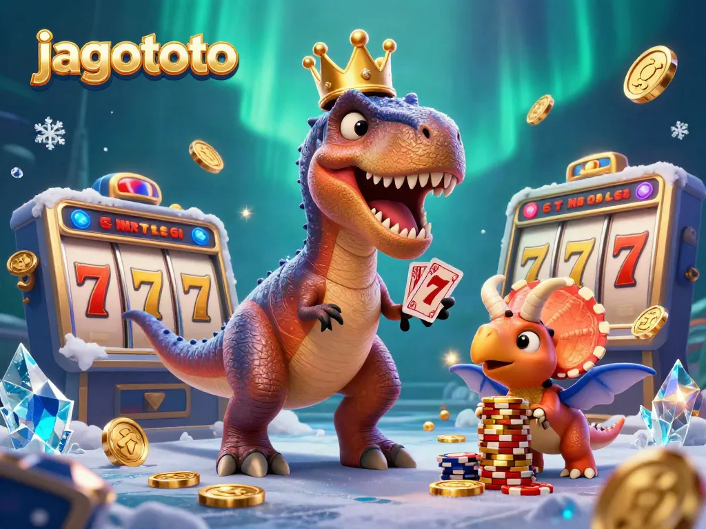 jagototo menunjukkan T-Rex bermain kartu sambil dikelilingi jackpot dan koin emas.