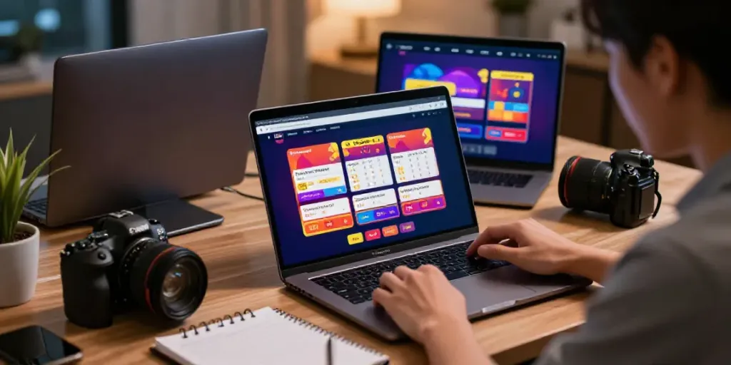 Engaging online situs togel scene showing a user analyzing betting options on a sleek laptop with ambient lighting.