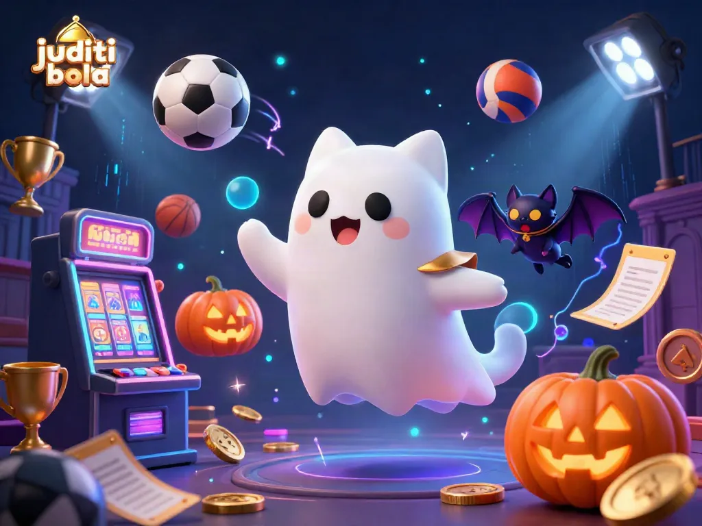 Exciting judi bola action featuring a ghost cat and sports elements in a haunted casino scene.