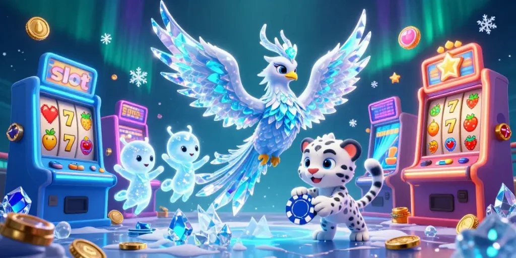 Permainan slot yang menampilkan phoenix es 3D dan macan tutul salju, menciptakan pengalaman kasino