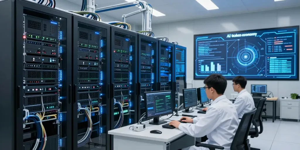 AI data center with engineers monitoring GPU servers and real-time metrics.