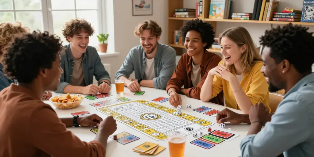 Permainan ratutogel dengan sekelompok orang yang tertawa dan menikmati waktu bersama di meja permainan.