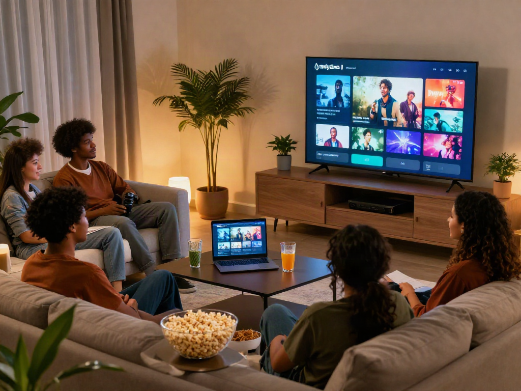 Friends enjoying a movie night streamed via filmyzilla in a cozy living room.