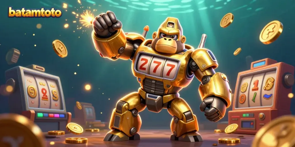 Experience the vibrant world of batamtoto with a golden gorilla mech smashing through slot game elements.