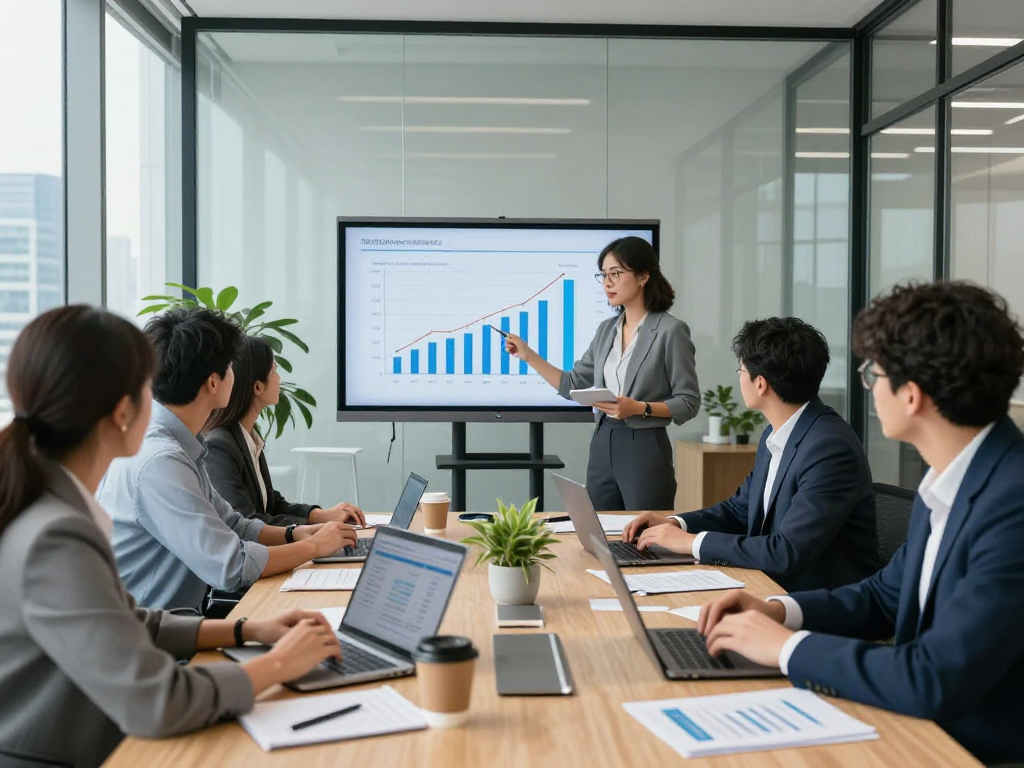 Tim profesional dalam rapat di kantor modern dengan analisis bos88 login untuk strategi bisnis.