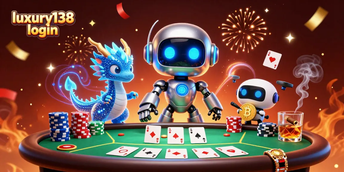 Masuk ke luxury138 login dengan robot cyberpunk dan dragon AI dalam suasana kasino penuh warna.