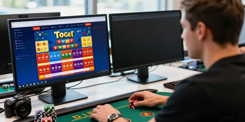 Pengguna ratutogel fokus melakukan taruhan togel online di depan komputer dengan antarmuka menarik.