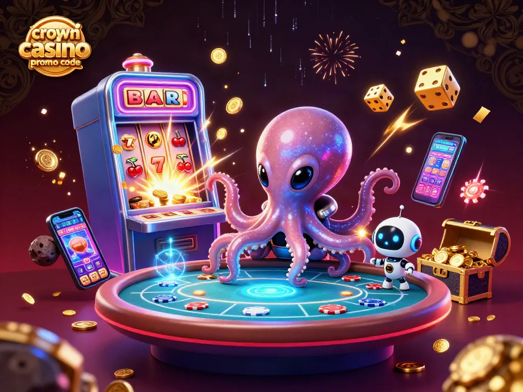 Play exciting games with crown coins casino promo code while an alien octopus operates a poker table.