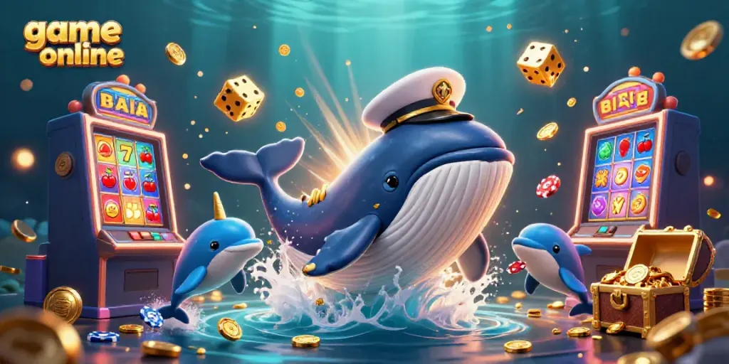 Experience thrilling game online action with a 3D cartoon whale, narwhal, and dolphins in an explosive gambling scene
