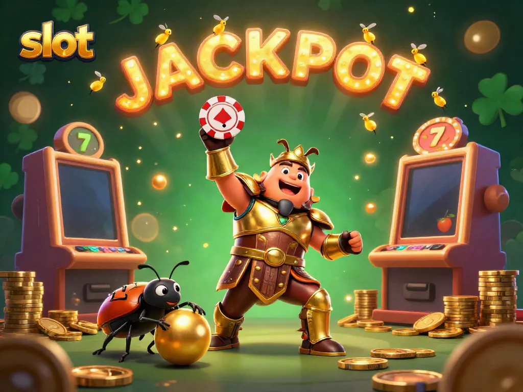Engaging slot-themed 3D illustration featuring victorious beetles among colorful machines and jackpot elements.