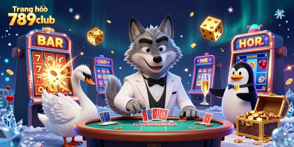 Experience the excitement of Trang chủ 789club with a 3D cartoon scene of a wolf, swan, and penguin amid vibrant casino elements.