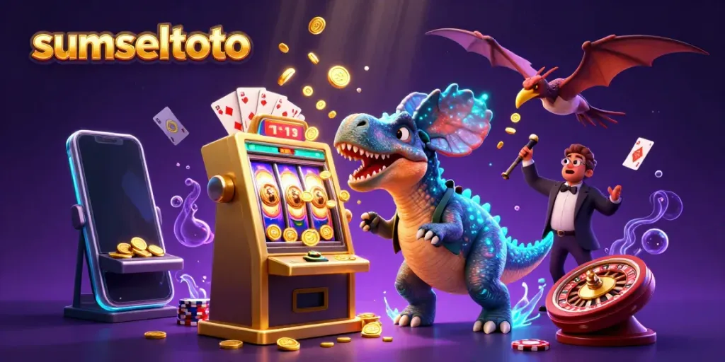 Engage with sumseltoto as a pachycephalosaurus hits a golden slot machine erupting with coins.