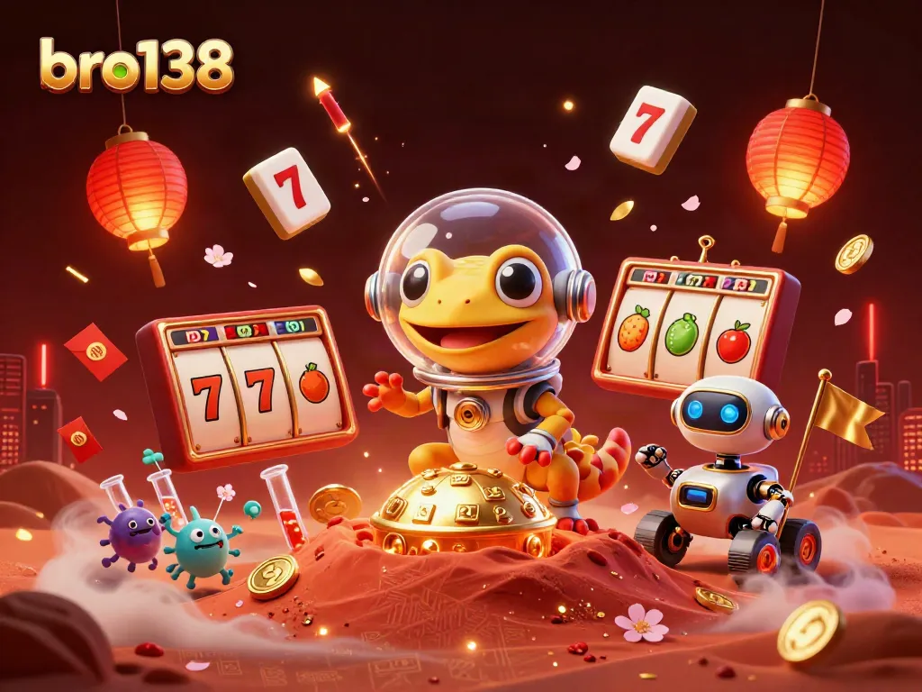 Experience excitement at bro138 with a Martian gecko uncovering a golden casino amidst vibrant cosmic elements.