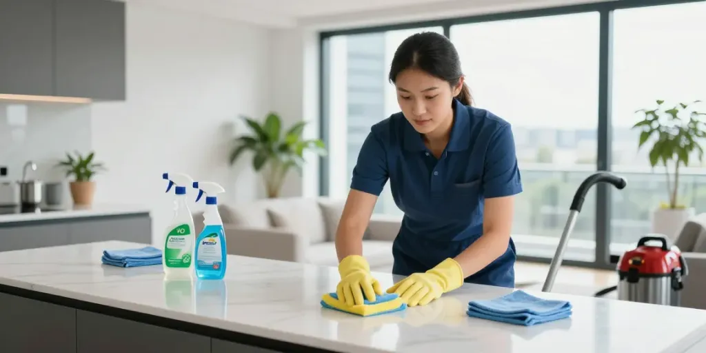 End of lease cleaning in Melbourne showcasing professional cleaner in sparkling kitchen.