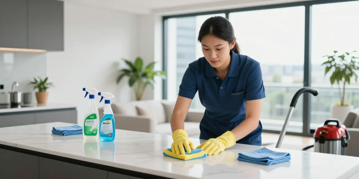 End of lease cleaning in Melbourne showcasing professional cleaner in sparkling kitchen.