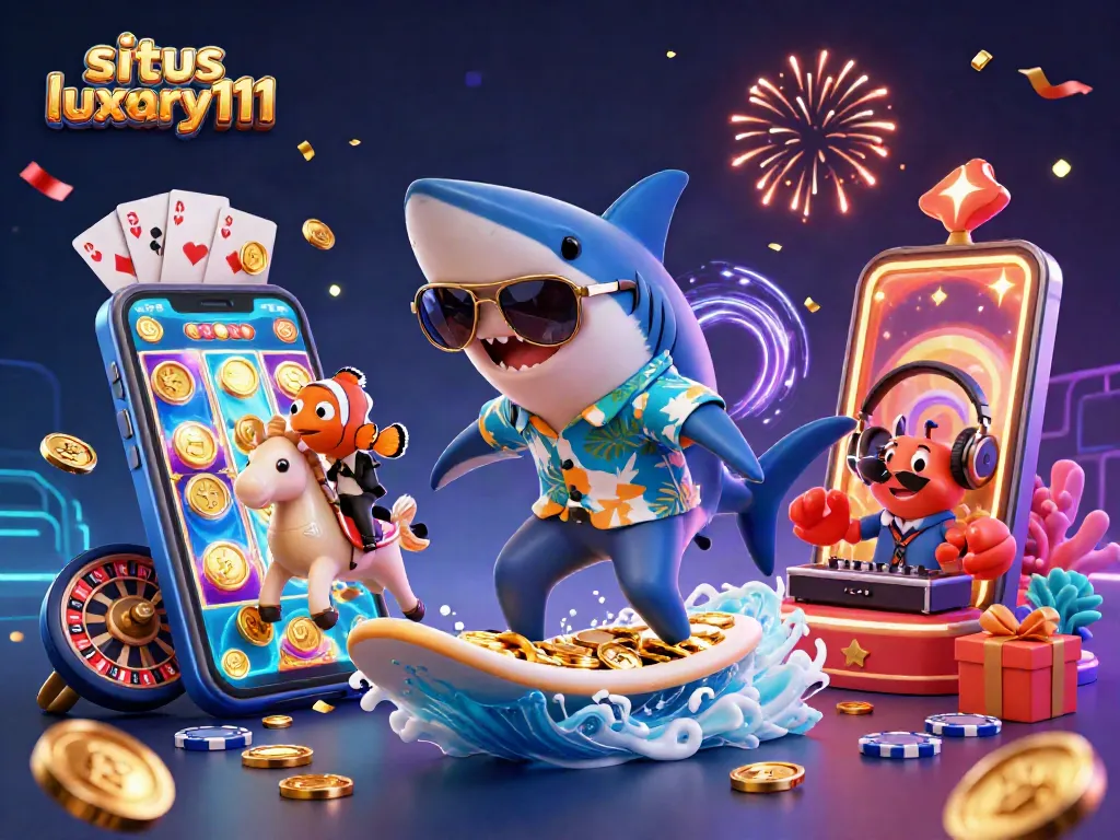 Win big with situs luxury111, featuring a vibrant shark, clownfish, and crab in a festive casino scene.