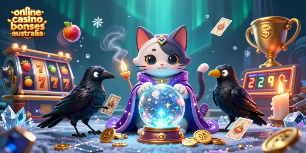 Engaging scene illustrating online casino bonuses australia with spinning slots, fortune teller cat, and raven.