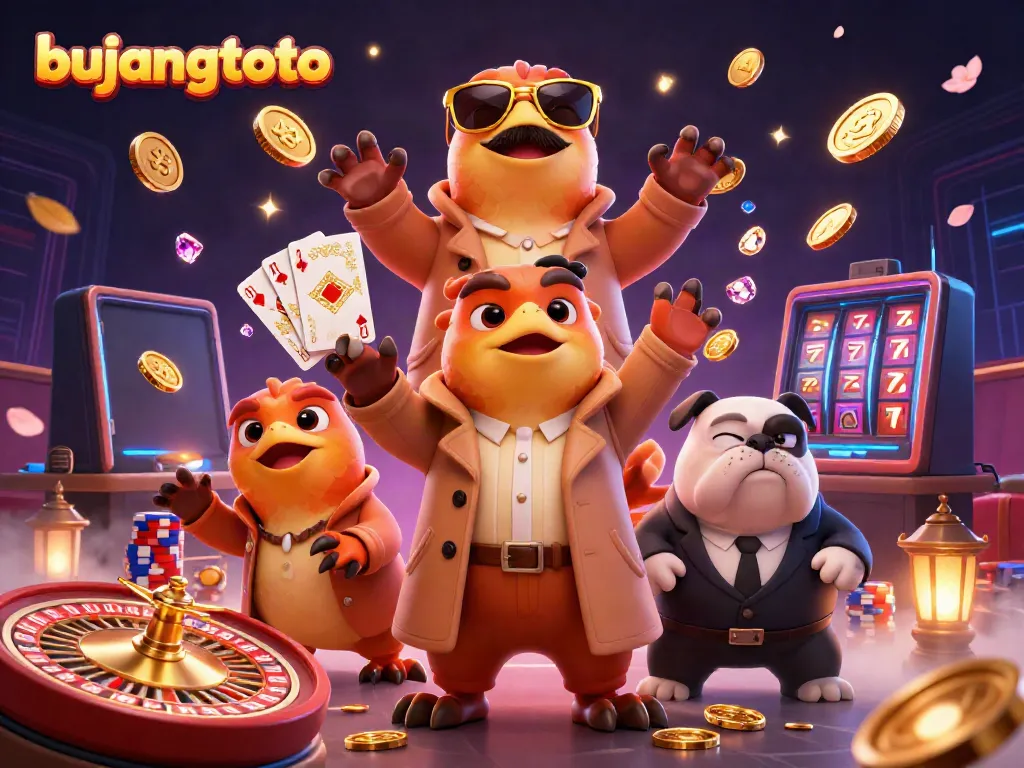 Bujangtoto scene with raptors in a trench coat entering a VIP casino, surrounded by sparkling chips and coins.