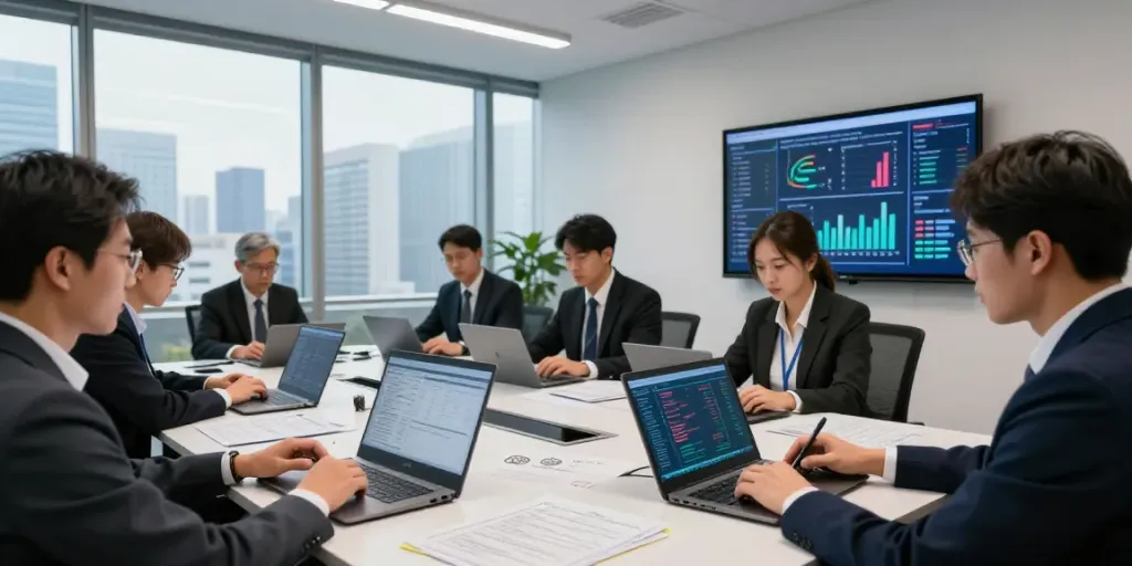 Dynamic corporate investigation scene focused on cryptocurrency investigation, showcasing a team analyzing transaction data with modern technology.
