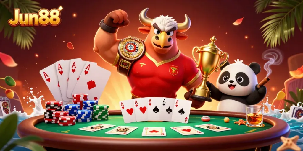 Experience thrilling wins at Jun88 with vibrant 3D casino characters celebrating around a poker table.