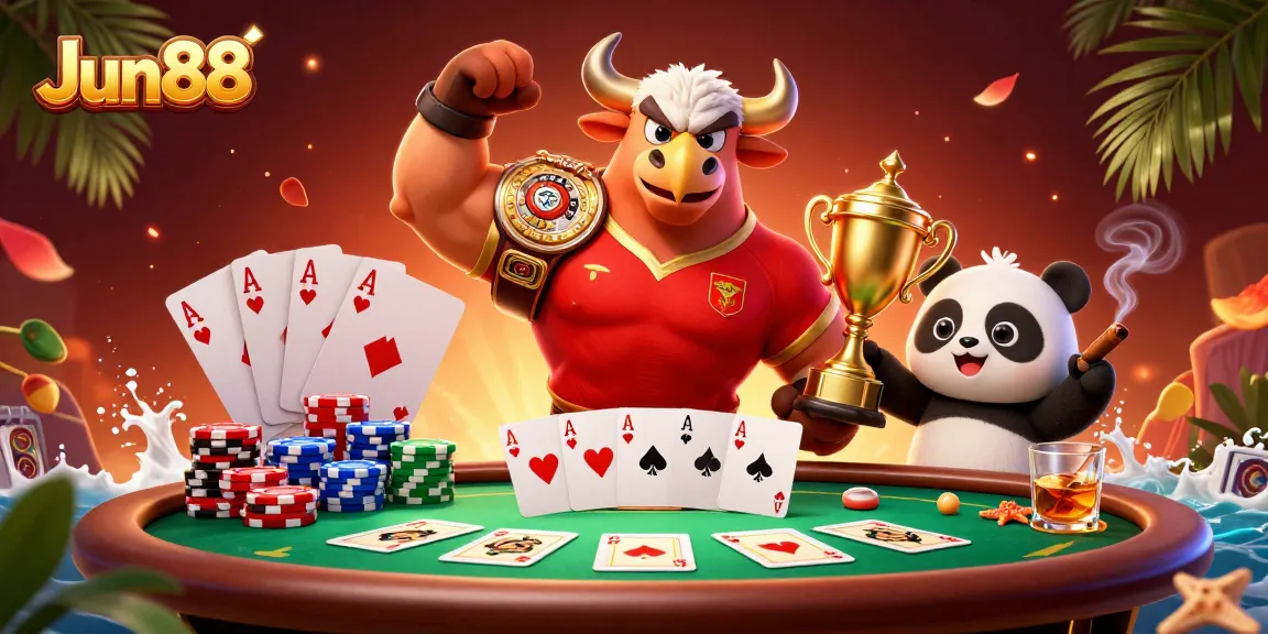 Experience thrilling wins at Jun88 with vibrant 3D casino characters celebrating around a poker table.
