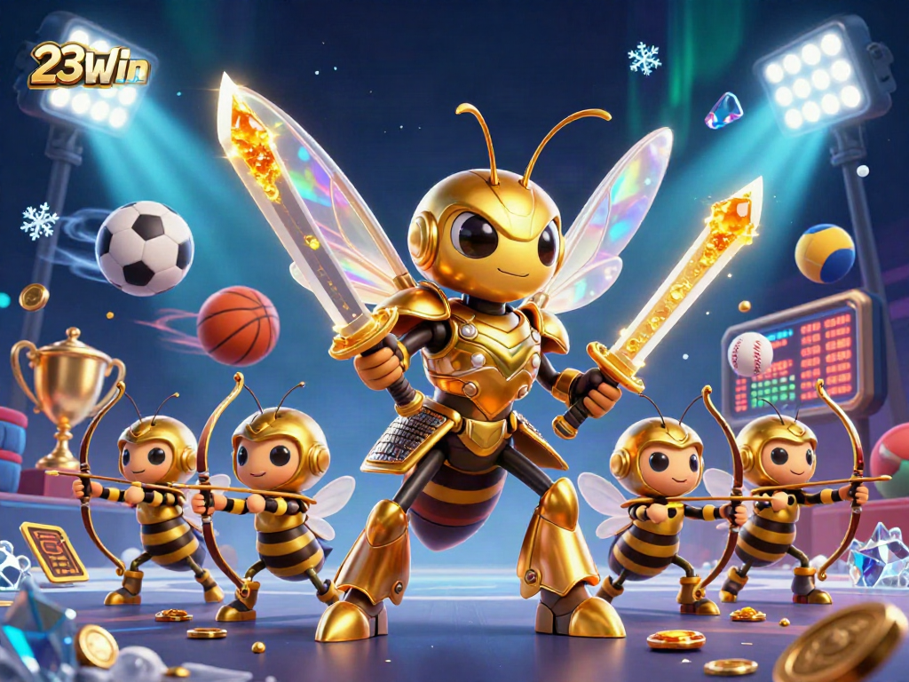Engage in thrilling gameplay with 23Win in this dynamic 3D sports and casino illustration.